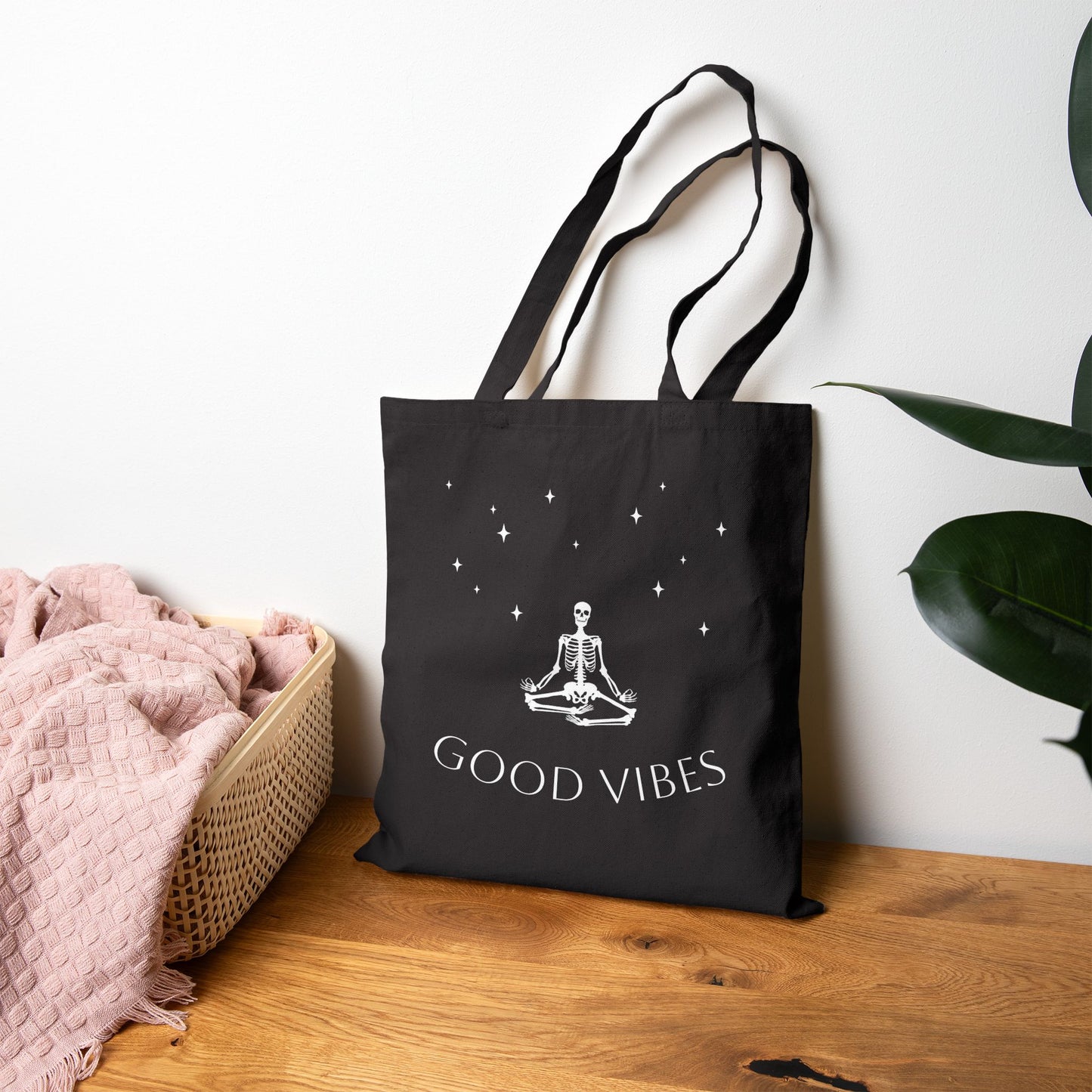 Double Sided Cotton Canvas Halloween Skeleton Good Vibes Tote Book Bag