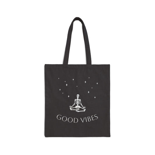Double Sided Cotton Canvas Halloween Skeleton Good Vibes Tote Book Bag