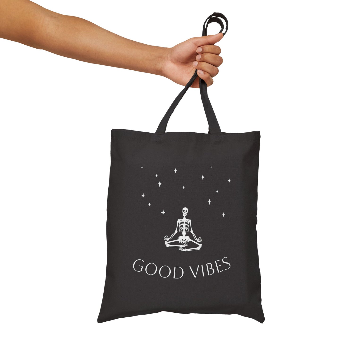 Double Sided Cotton Canvas Halloween Skeleton Good Vibes Tote Book Bag