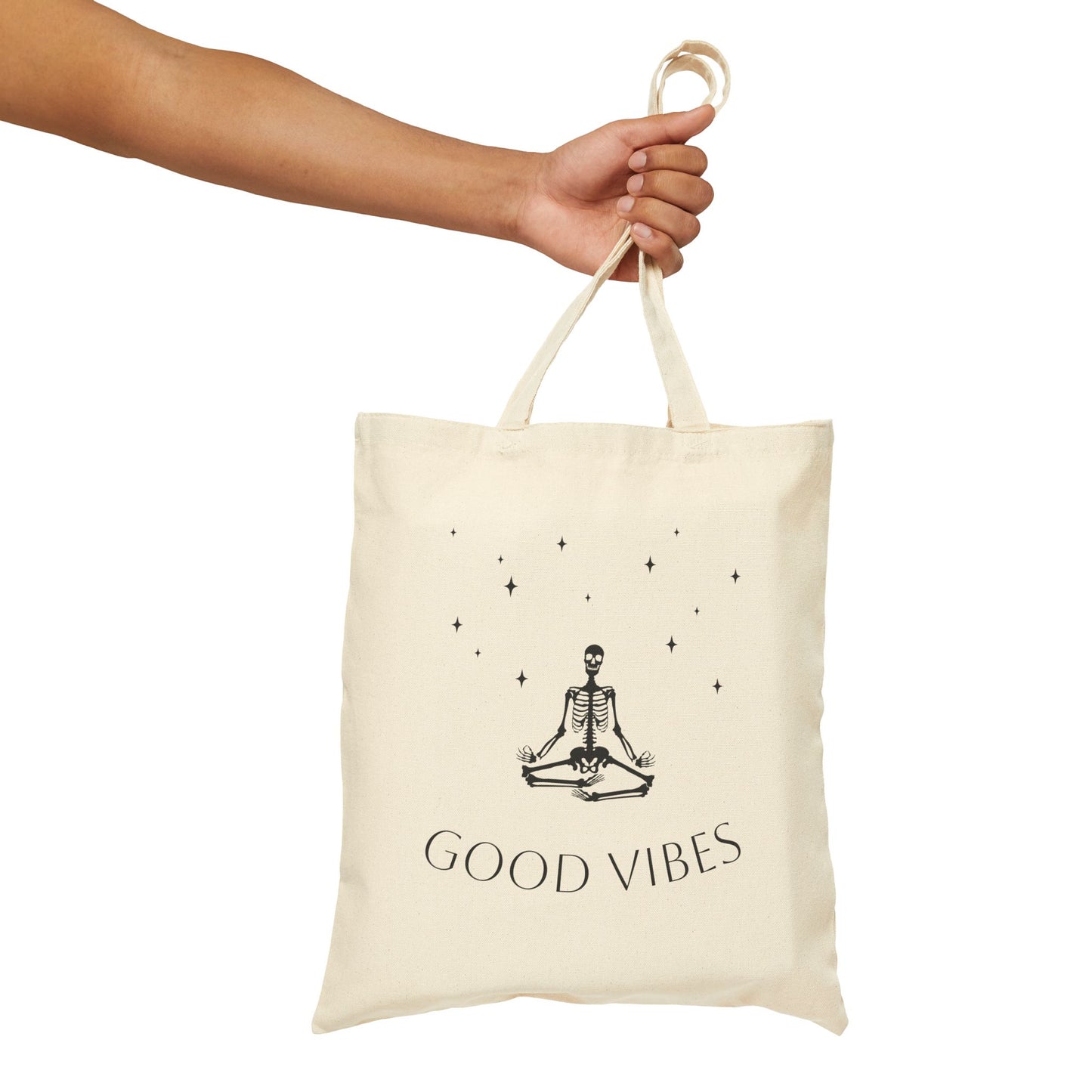 Double Sided Cotton Canvas Halloween Skeleton Good Vibes Tote Book Bag