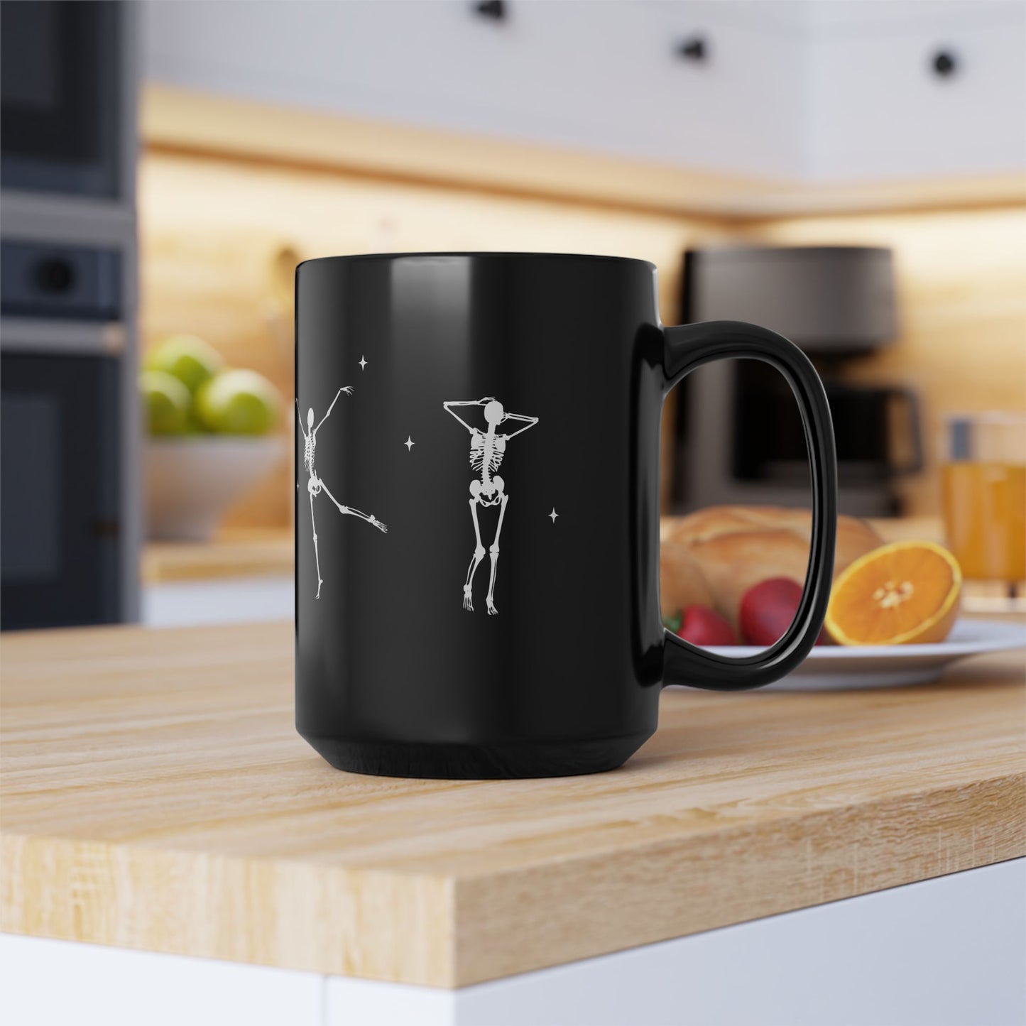 Black Coffee Tea Mug, 15oz Skeleton Dancing Stars Halloween Cute