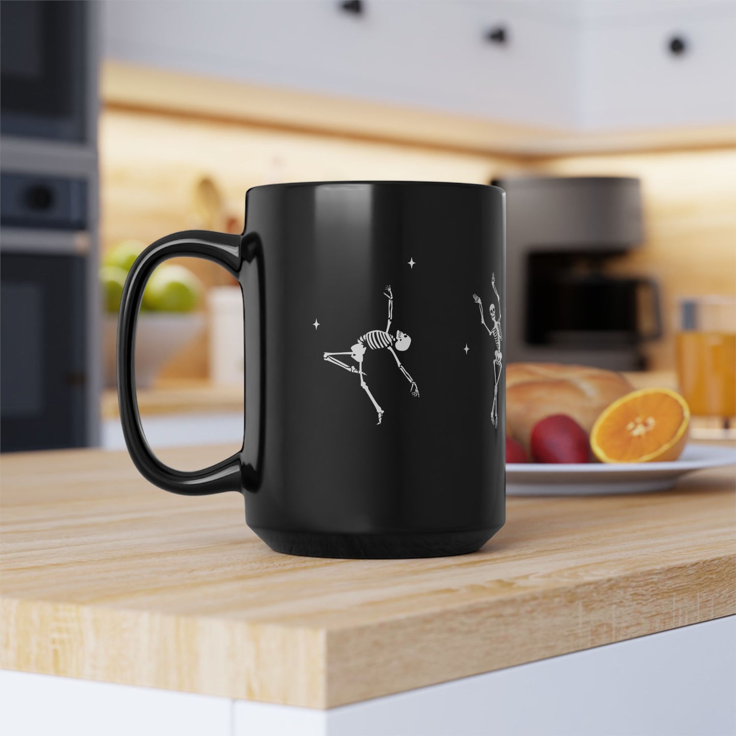 Black Coffee Tea Mug, 15oz Skeleton Dancing Stars Halloween Cute
