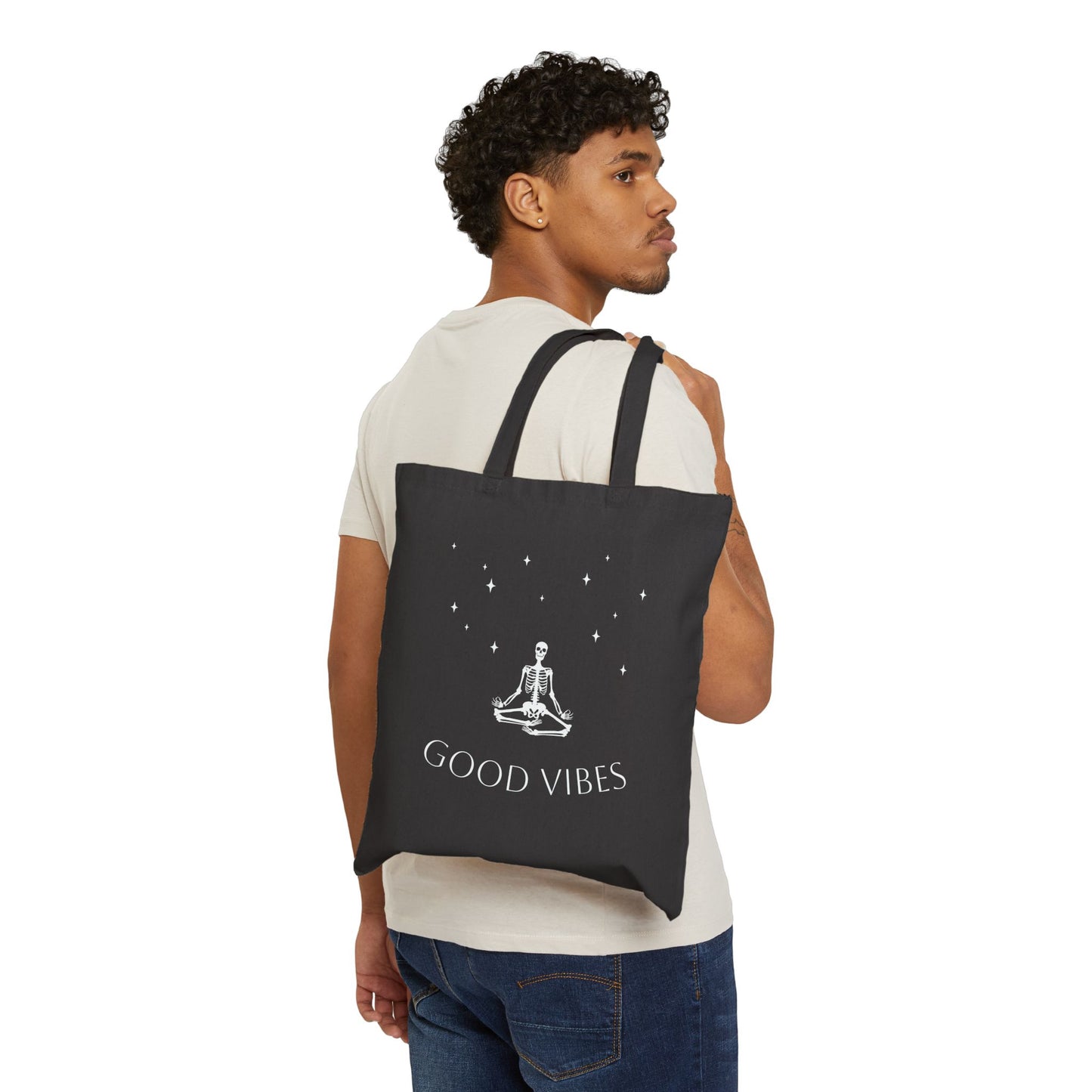 Double Sided Cotton Canvas Halloween Skeleton Good Vibes Tote Book Bag