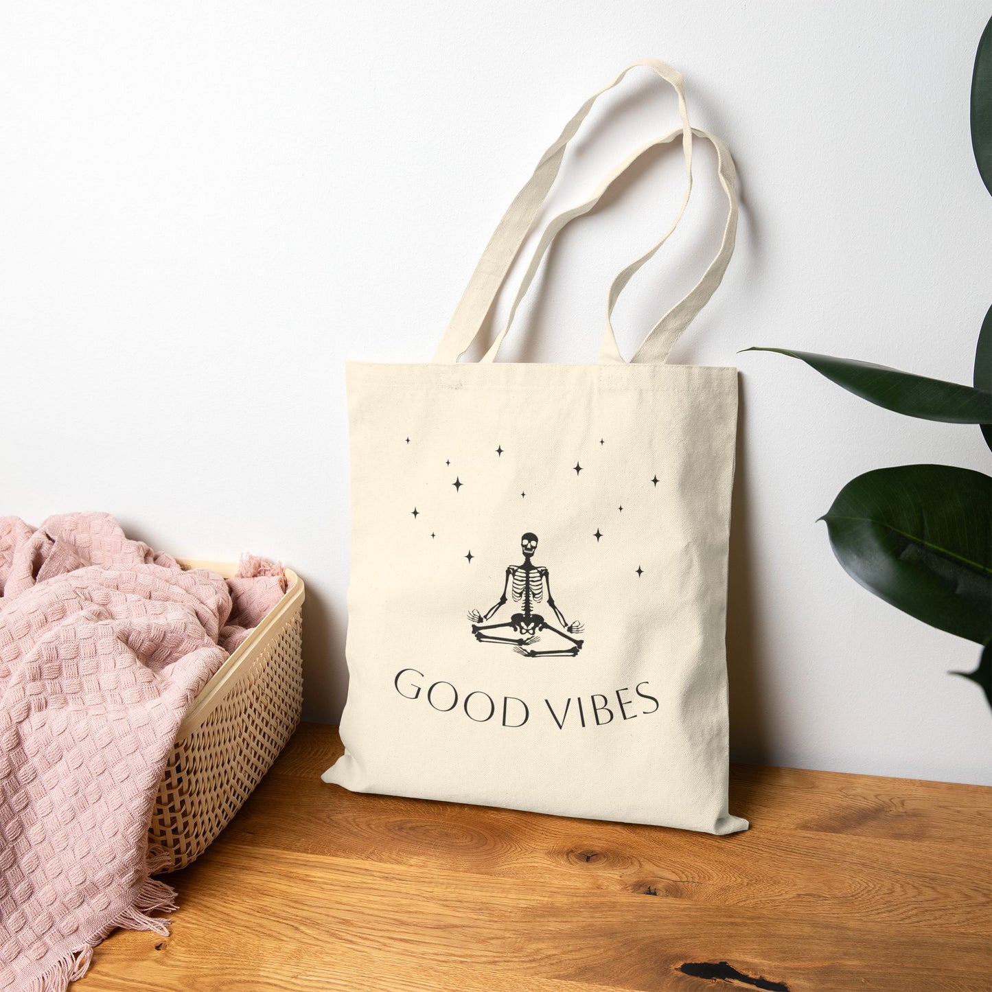Double Sided Cotton Canvas Halloween Skeleton Good Vibes Tote Book Bag