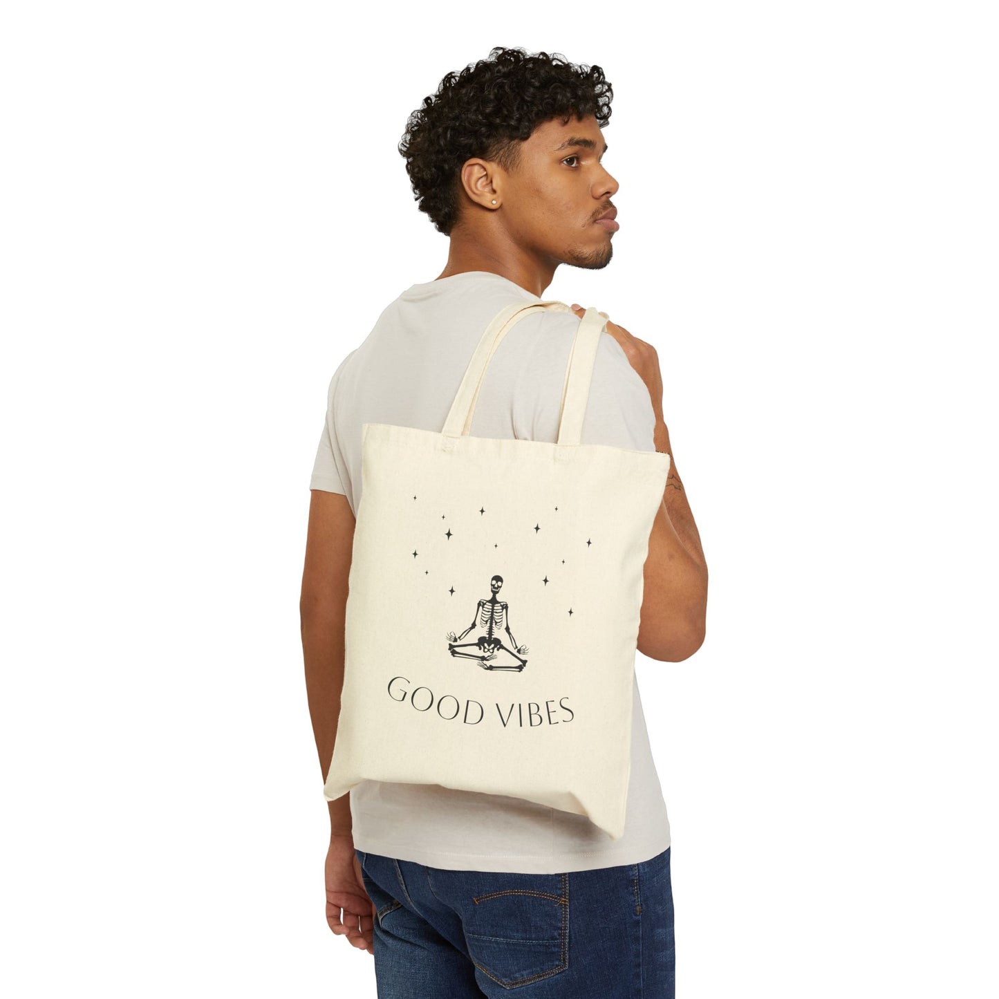 Double Sided Cotton Canvas Halloween Skeleton Good Vibes Tote Book Bag