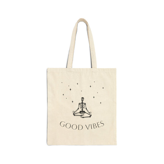 Double Sided Cotton Canvas Halloween Skeleton Good Vibes Tote Book Bag